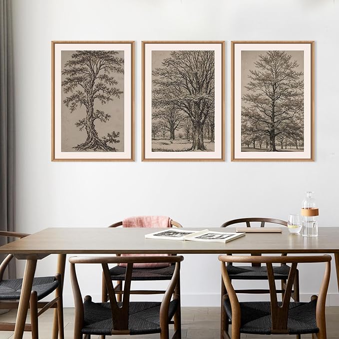 HOURIA Vintage Tree Sketch Framed Canvas Wall Art Set,Retro Neutral Botanical Wall Decor,Mid Century Woodland Drawings Artwork,Nature Antique Forest Art Print for Living Room,Bedroom,Office- 16"x24"x3