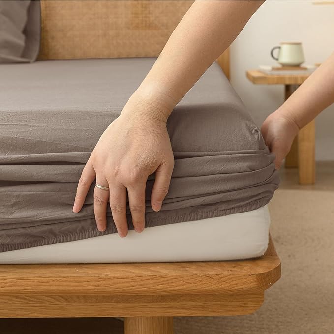 BESTOUCH Sheet Set 100% Washed Cotton Linen Feel Super Soft Comfortable Chic Lightweight 4 Pcs Home Bedding Set Solid Pine Bark Brown Full