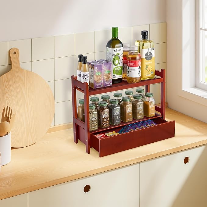 Sorbus Bamboo Bathroom Counter Organizer – 2-Tier Shelf with Hidden Drawer for Vanity, Matcha Station, Bathroom Sink Organizer Countertop, Kitchen & Office Storage (17″ L x 6.5″ W x 12.6″ H) (Brown)