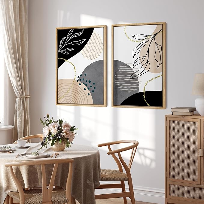 SIGNFORD Framed Canvas Print Wall Art Set Mid-Century Nordic Geometric Ring Plants Abstract Shapes Illustrations Modern Art Decorative Bohemian for Living Room, Bedroom, Office - 24"x36"x2 Natural