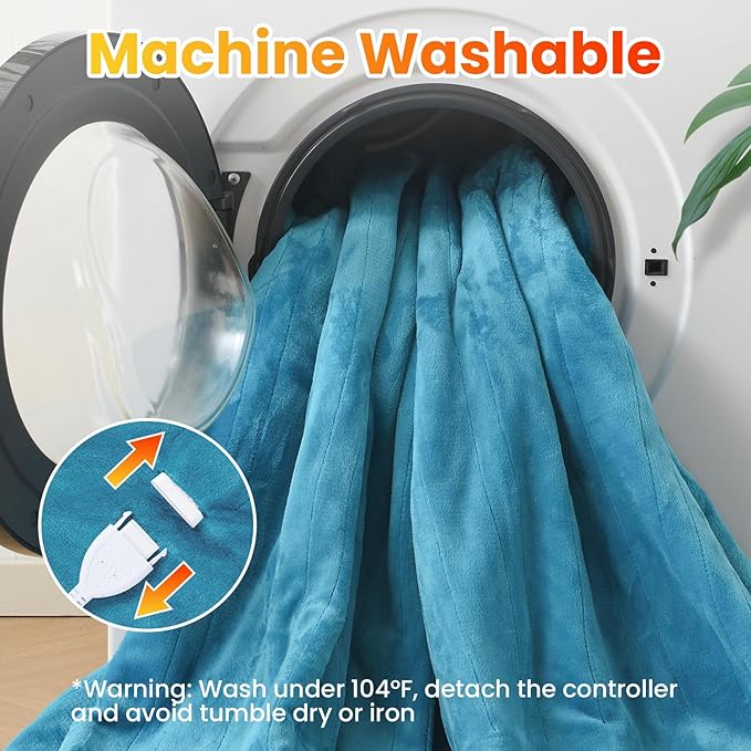 WOOMER Electric Heated Blanket King Size, Soft Flannel Fast Heating Blanket, Teal Color, 90"x 100", 10 Heating Levels & 0.5-12H Auto Off, Over-Heat Protection