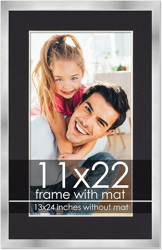11x22 Frame with Mat - Silver 13x24 Frame Wood Made to Display Print or Poster Measuring 11 x 22 Inches with Black Photo Mat