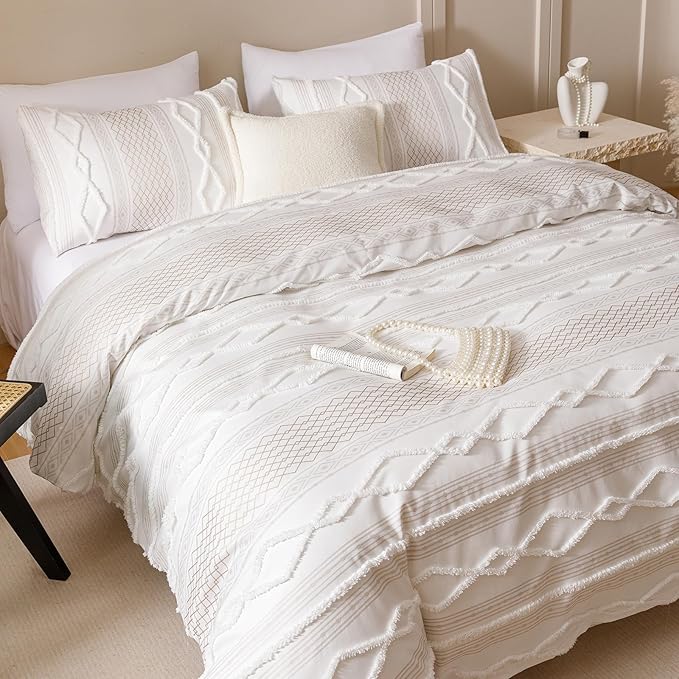 CLOTHKNOW White Farmhouse Full Comforter Set 3Pcs Boho Bedding Comforter Sets Clipped Jacquard Stripes Comforter White Khaki Comforter Soft Bohemian