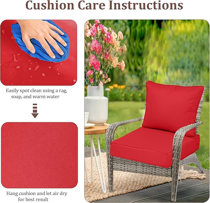 Waterproof Outdoor Chair Cushion Set of 4, 24x24x5 IN Deep Seat Patio Cushions with Fade Resistant Removable Cover,Outdoor Cushions for Patio Furniture with Ties&Handle for Chair Sofa Couch,Red