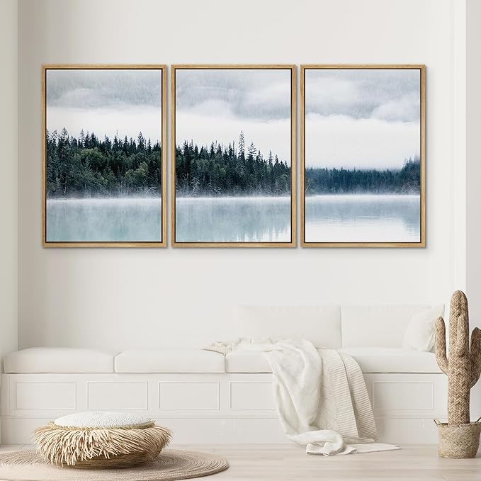 SIGNWIN Framed Canvas Print Wall Art Set Film Grain Cinematic Mountain Forest Lake Nature Wilderness Photography Modern Art Landscape Relax/Calm for Living Room, Bedroom, Office - 24"x36"x3 Natural