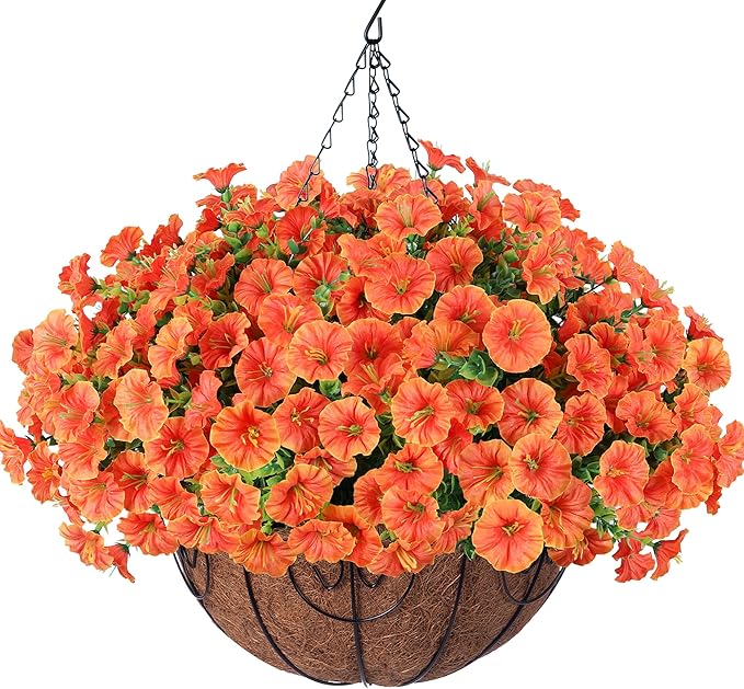 Artificial Fall Hanging Flower Plants Basket for Outdoors, Fake Flowers 12 Bundles Faux Silk Morning Glory for Planter Realistic UV Resistant Artificial Flowers for Outside Porch Garden Patio, Orange