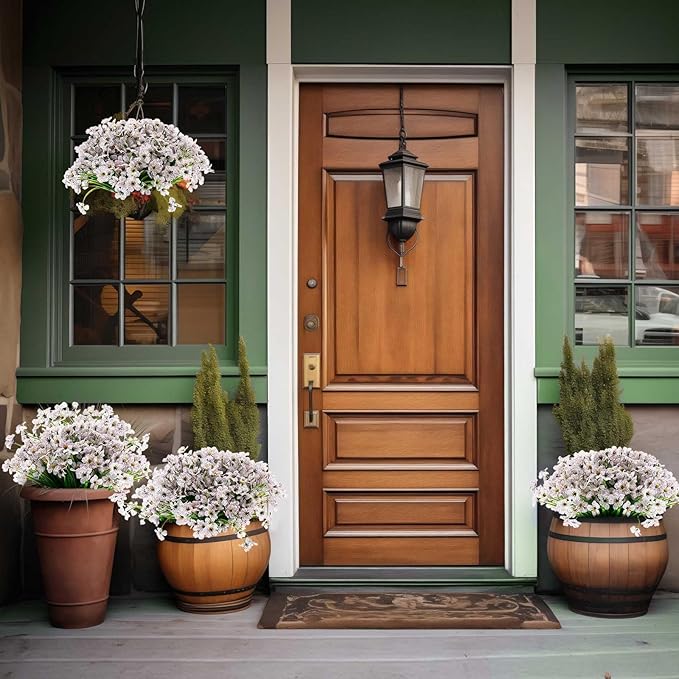 Zeyune 56 Bundles Artificial Flowers Fake UV Resistant for Outdoor Plastic Greenery Shrubs Plants No Fade Faux Flower for Garden Porch Patio Window Wedding Party Decor(White,Bright)
