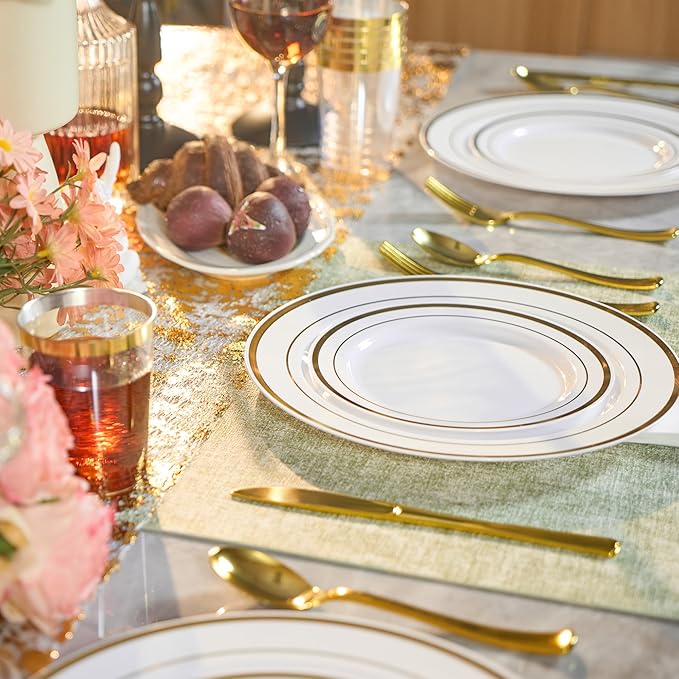 350 Pieces Gold Disposable Plates for 50 Guests, Disposable Plastic Plates for Party, Wedding, Dinnerware Set of 50 Dinner Plates, 50 Salad Plates,50 Cups and 50 Paper Napkins, Gold