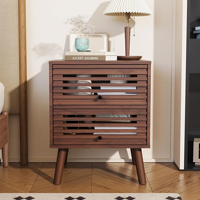 Nightstand, Side Table, End Table, Mid Century Modern Nightstand with Hollowed Drawers, Bedside Tables, Small Nightstands with Storage for Bedroom, Living Room, Walnut