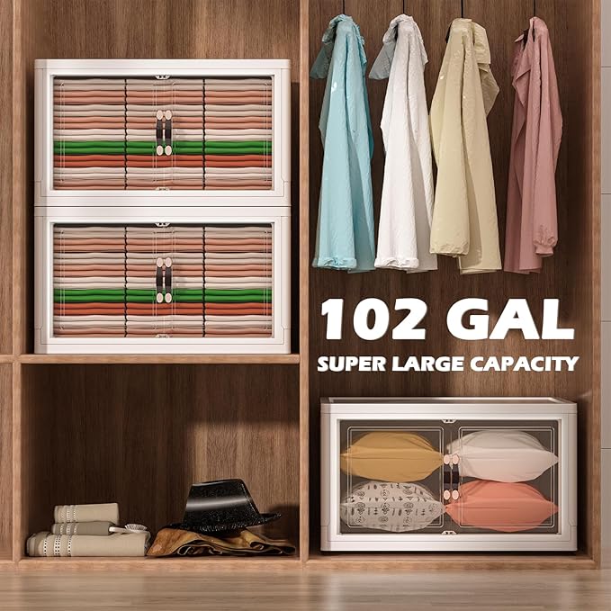 102GAL /408QT Large Collapsible Storage Bins with Lids, Stackable Storage Bins with Doors and Wheels, Closet Organizers and Storages, Plastic Folding Storages Cabinet Home Office Dorm Room