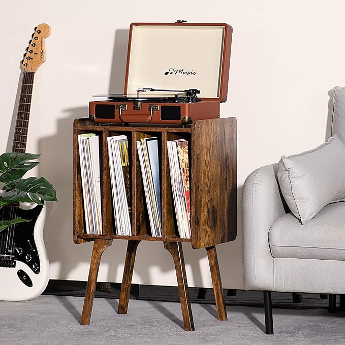 LELELINKY Record Player Stand,Vinyl Record Storage Table with 4 Cabinet Up to 100 Albums,Rustic Brown Mid-Century Turntable Stand with Wood Legs,Vinyl Holder Display Shelf for Bedroom Living Room