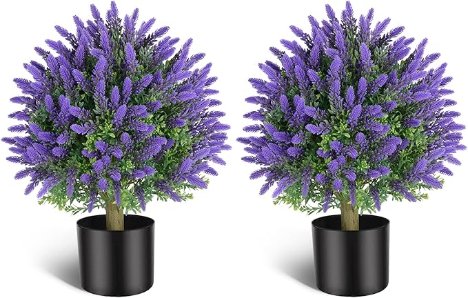 Artificial Topiaries Lavender Ball Trees 2 Pack - 21.6 Inch Tall Faux Plants Indoor Potted Bushes - Faux Boxwoods Plants for Outdoor Indoor Garden Front Porch Home
