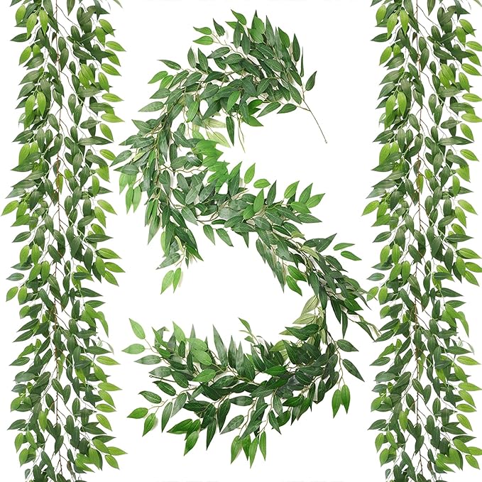 Artificial Italian Ruscus Vines, 3Pcs/75 Silk Vine Garland with Green Leaves, Fake Hanging Plants Greenery Decor for Home, Bedroom, Wall, Party, Wedding Decoration(75inch/3pcs/Vines)