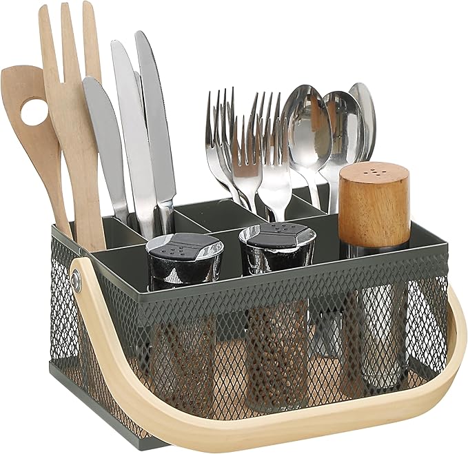 SunnyPoint Utensil Caddy with Plywood Handle – Metal Mesh Silverware & Cutlery Organizer for Kitchen, Picnic, Party, Restaurant & Events (ARMY)