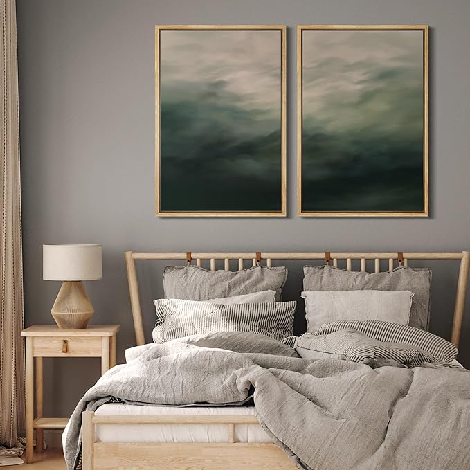 MUDECOR Framed Canvas Print Wall Art Dark Green Abstract Misty Landscape Moody Illustrations Modern Art Decorative Chic for Living Room, Bedroom, Office - 16"x24"x2 Natural