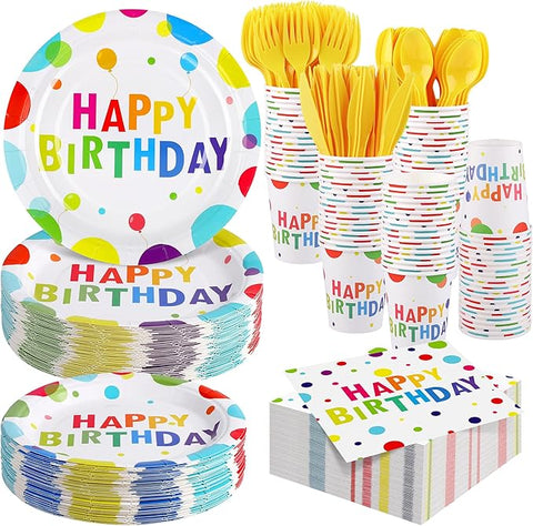 400 Pieces Happy Birthday Party Decorations Including Disposable Paper Plates Cups Napkins Tableware Sets Serves 50 for Birthday Party Supplies