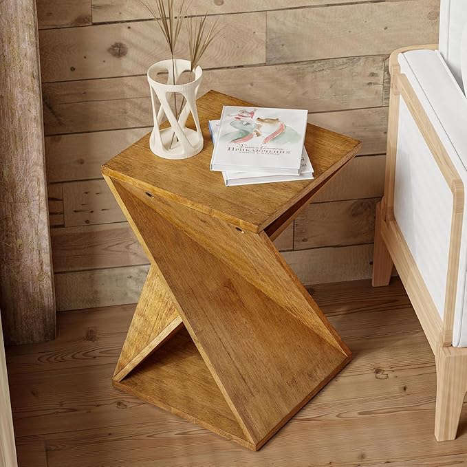 Farmhouse End Table Square Solid Wood Pedestal Side Table Rustic Plant Stand with Twisted Design for Living Room, Bedroom, Office, Natural Wood
