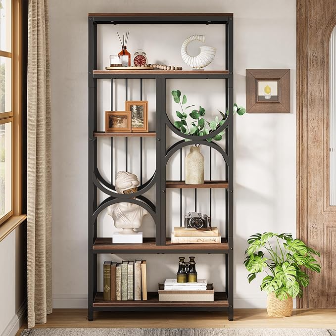 Tribesigns Bookshelf, 5-Tier Industrial Etagere Bookcase, 70.86-Inch Tall Bookshelves with 6 Open Storage Shelf, Display Shelf Storage Organizer for Living Room Home Office, Rustic Brown