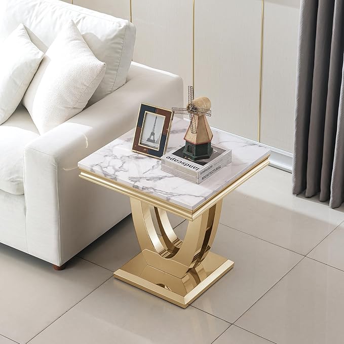 SSLine Modern White Faux Marble End Table Luxury Square Sofa Side Table with Gold U-Shape Base Mid-Century Elegant Bedside Table w/Mirrored Stainless Steel Frame for Living Room Bedroom