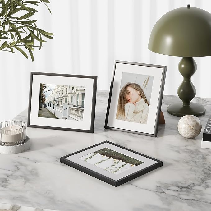 8x10 inch Metal Picture Frame - 8 x 10 Thin Aluminum Photo Frames with 5x7 Removable Mat - High Definition Plexiglass - Ideal for Wall or Tabletop Display - Wall Hook Hanging Hardware Included - Black, Set of 4