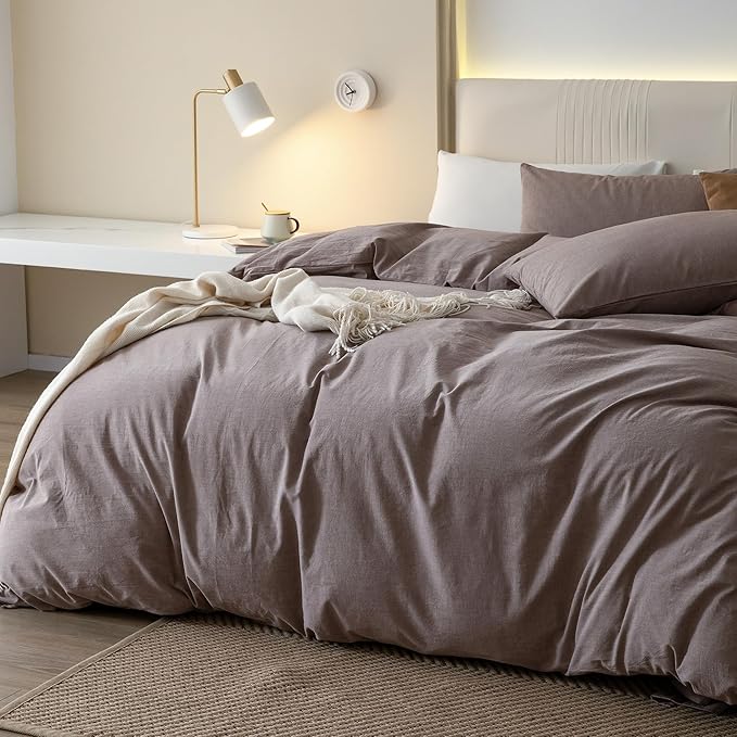 JIYUAN 100% Washed Cotton Duvet Cover Set 3 Pieces Super King, 1 Duvet Cover 108x98 Inches(Comforter Not Included) and 2 Pillowcases,Linen Feel Bedding Set Comfy and Breathable, Heathered Mauve Brown