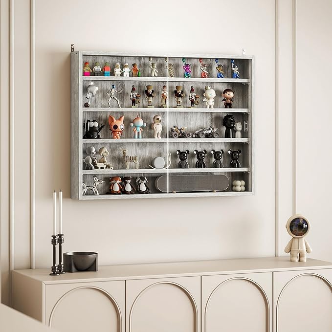 HOMCOM 5-Tier Display Cabinet, Glass Door Cabinet with Adjustable Shelves, Wall-Mounted Display Case for Playroom, Bedroom, Gray