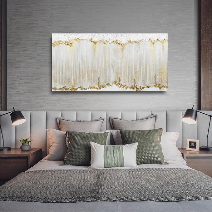 WINKAILIN White and Gold Canvas Wall Art Modern Abstract Wall Decor for Living Room Gold Line Office Decor 24"x 48" Textured Wall Prints Ready to Hang