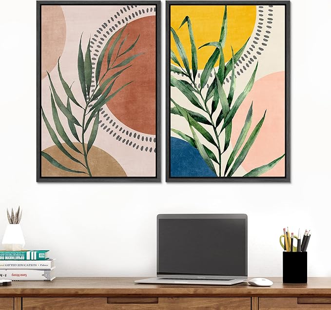 SIGNFORD Framed Canvas Print Wall Art Set Geometric Mid-Century Circle Plants Abstract Shapes Illustrations Modern Art Decorative Zen Bohemian for Living Room, Bedroom, Office - 16"x24"x2 Black
