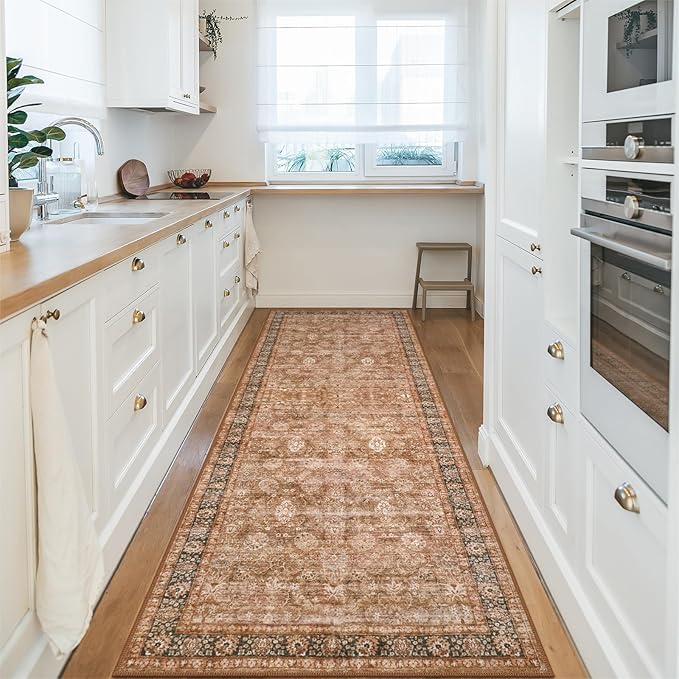 Morebes Vintage Runner Rugs with Rubber Backing, Boho Hallway Runner Rug 8 ft, Kitchen Rugs and Mats Non Skid Washable, Long Distressed Floral Rug Carpet Runner for Entryway,Brown