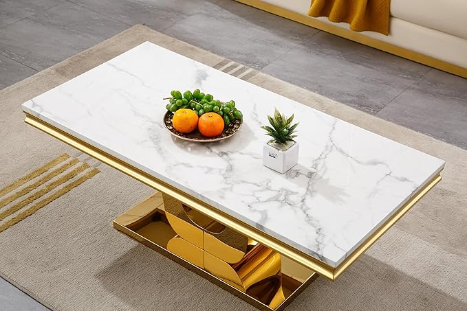 SSLine Rectangular Faux Marble Coffee Table for Living Room Modern Luxury White Marble Center Table with Gold Pedestal Base 46.8" Mid-Century Cocktail Table with Mirrored Stainless Steel Frame