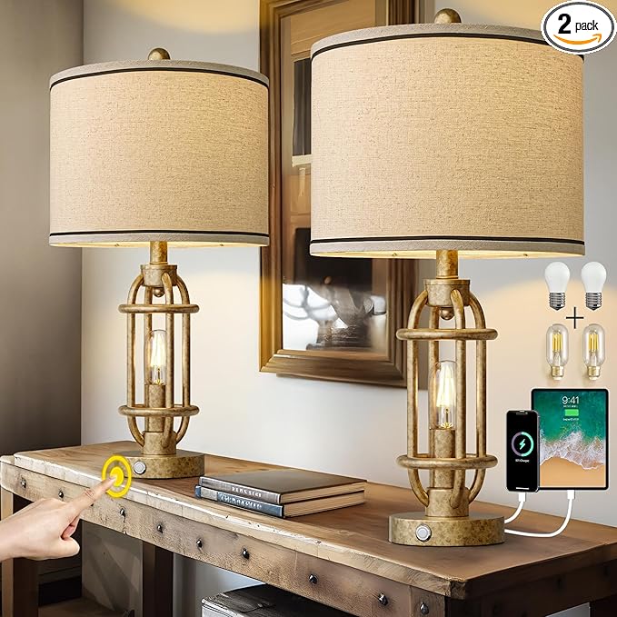 23.75'' Table Lamps Set of 2 for Living Room Bedroom Industrial Farmhouse Metal Touch Lamps with USB A+C Ports, Night Light Vintage Nightstand Bedside Lamp, Bulbs Included, Champagne Gold