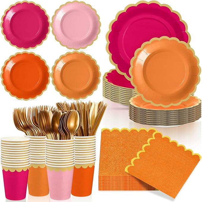 169 Pcs Pink and Orange Plates and Napkins Party Supplies for Guests Hot Pink Orange Tableware Include Scalloped Plates Paper Napkin Cup Spoon Fork Knife for Baby Shower, Wedding, Birthday