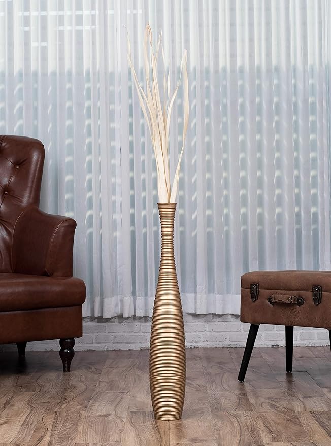 Leewadee Large Gold Home Decor Floor Vase – Wooden 26 inches Tall Farmhouse Decor Flower Holder for Fake Plant and Pampas Grass