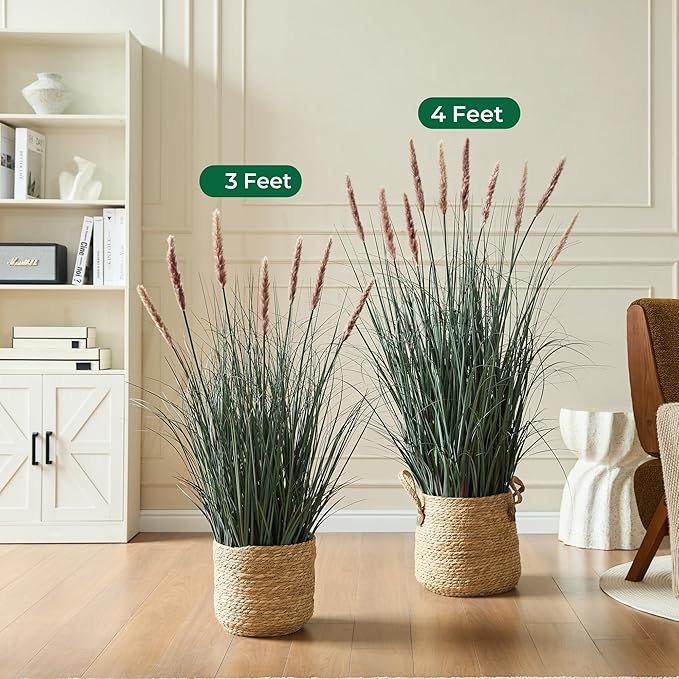 4ft Onion Grass, Artificial Plant and Greenery, Fake Floor Plants Indoor Outdoor, 48in Faux Horsetail Reed Grass with 10 Pink Flower Crowns, Potted, House Decorative