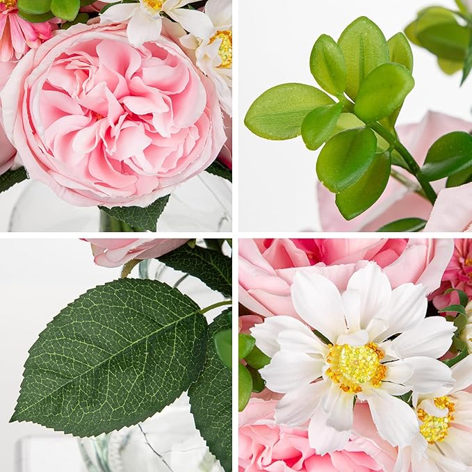 Hollyone Pink Roses Peonies Mums Artificial Flower Arrangement in Glass Vase White Silk Peony David Austin Rose Little Daisy Mixed Faux Flowers with Faux Water with Vase Fake Floral Bouquet Home Decor