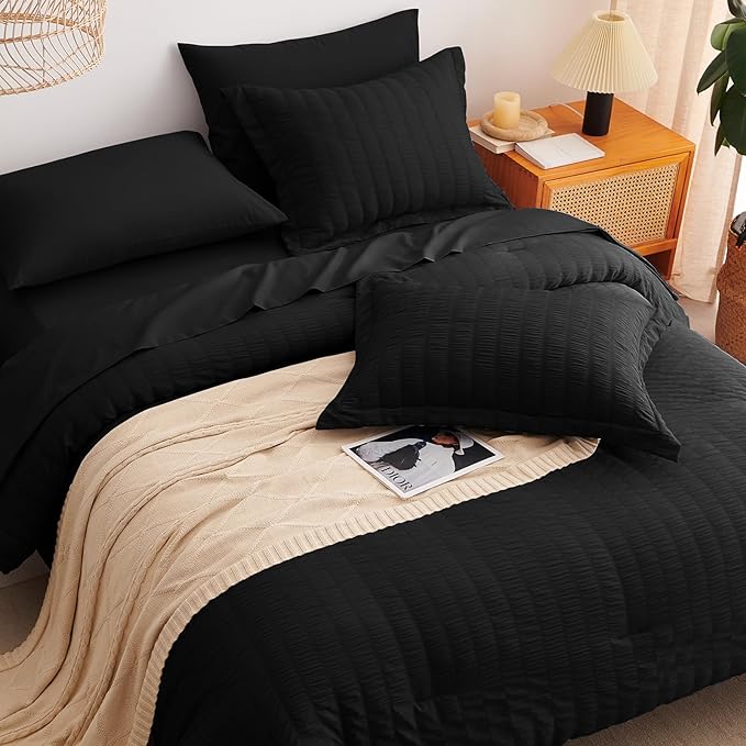CozyLux Full Size Comforter Sets with Sheets Seersucker 7 Pieces Black Bed in a Bag Textured Luxury Soft Bedding Set with Down Alternative Comforter, Sheets, Pillowcases & Shams for All Seasons