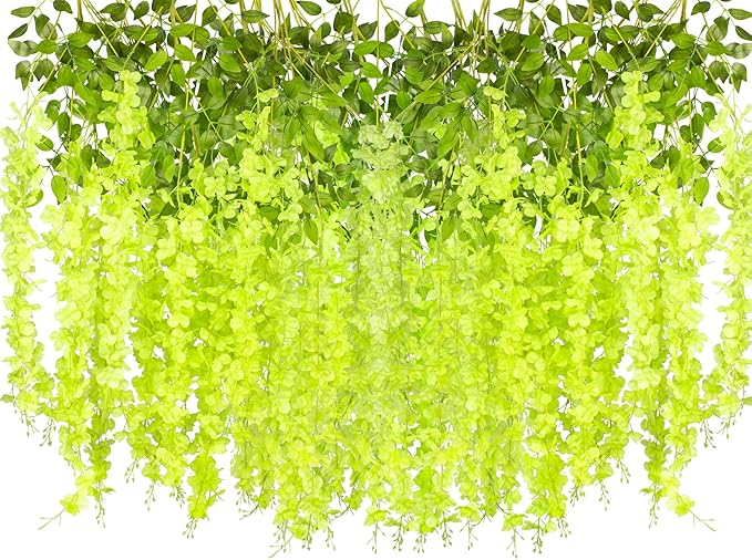 24 Pack Artificial Fake Wisteria Vine Ratta (3.75 Feet) Hanging Garland Silk Flowers String Home Party Wedding Decor (Green)