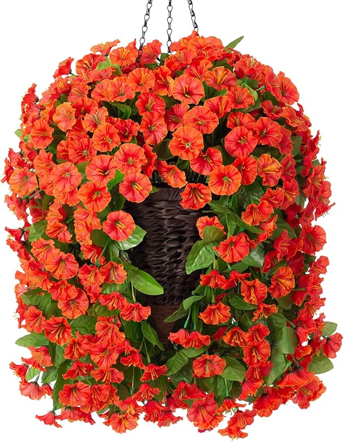 Artificial Fake Fall Hanging Flowers Plants with Basket for Outdoor Decor, Faux Silk Realistic Morning Glory Floral Arrangement Planter UV Resistant for Outside Porch Patio Balcony Garden (Orange)