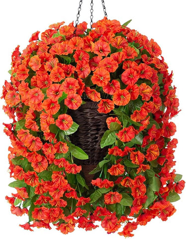 Artificial Fake Fall Hanging Flowers Plants with Basket for Outdoor Decor, Faux Silk Realistic Morning Glory Floral Arrangement Planter UV Resistant for Outside Porch Patio Balcony Garden (Orange)