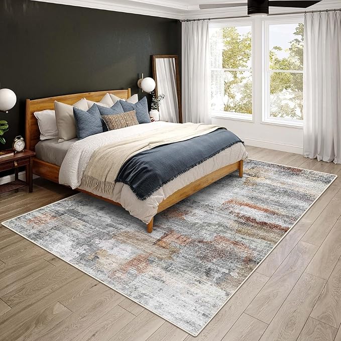 vivorug 5x7 Area Rugs - Ultra-Thin Washable Rug with Non-Slip Backing, Ideal for Living Room, Bedroom, Kitchen Floor Carpet - Modern Abstract, Easy Clean, Durable, Low Pile Gray/Rust