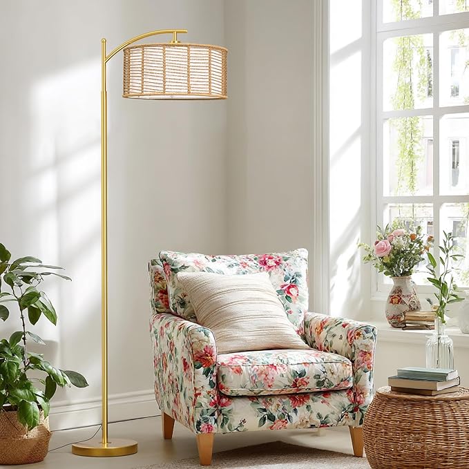 Oneach 62.5" Gold Arc Floor Lamp for Living Room, Rattan Boho Floor Lamp with Remote and Dimmable Bulb, 3 Color Temperatures, Farmhouse Rustic Modern Standing Lamp for Bedroom Office Corner