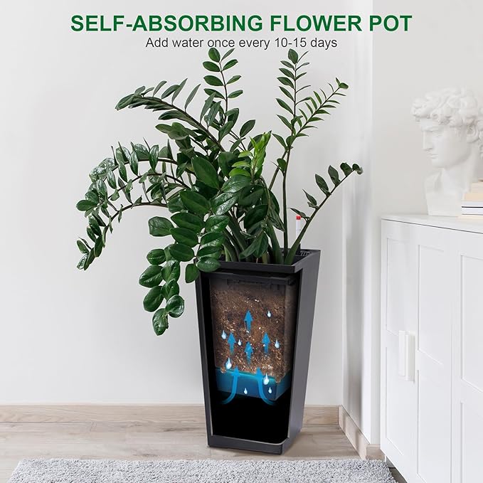 GAOMON 23" Tall Planters Set of 2, Outdoor＆Indoor Black Planter Pots, High Front Porch Planter Pots with Drainage Holes＆Water Level Monitor＆Inner Bucket, Automatic Watering, Convenience Instill