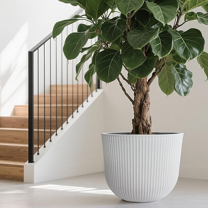 WORTH Garden Round Large Planter Pot 1-Pack - 17.5" Dia x 15.5" H - Durable Plastic White Plant Tree Pots with Vertical Stripe Textured Finish, Drainage Hole for Indoor, Outdoor, Front Porch, Patio
