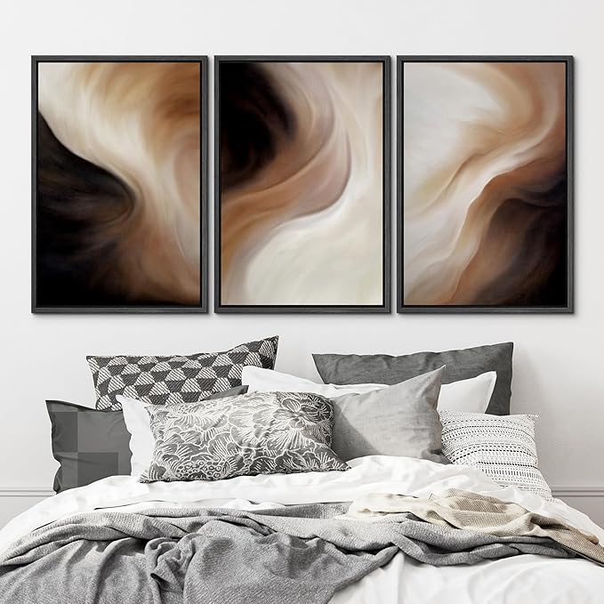 MUDECOR Framed Canvas Print Wall Art Abstract Neutral Brown and Beige Fluid Illustrations Realism Decorative for Living Room, Bedroom, Office - 24"x36"x3 Black