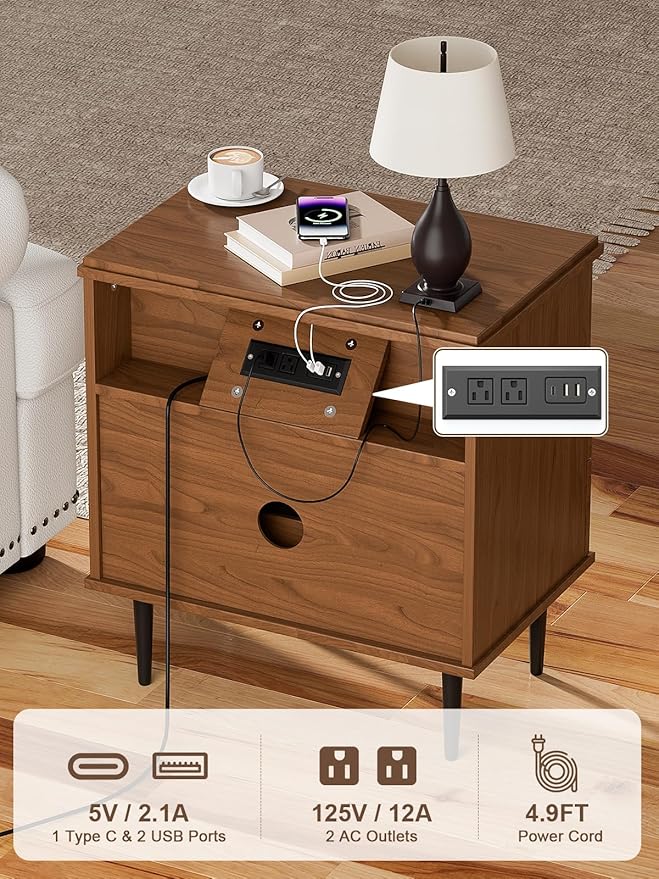 Modern Nightstand with Charging Station, 2 Drawers Fluted Wood Bedside Table with USB, Type-C & Outlets, Metal Legs, Storage Dresser for Bedroom or Living Room (Walnut, 23.3)