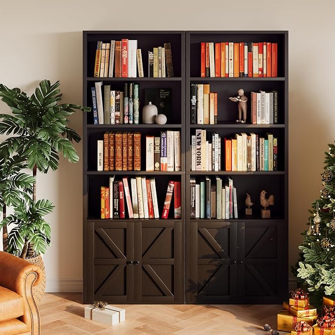 Bookshelf, Industrial Bookshelves and Bookcases with Doors Floor Standing 6 Shelf Display Storage Shelves 71 inches Tall Bookcase for Home Office, Living Room (Black)