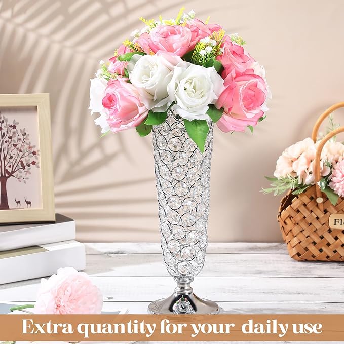Rtteri 4 Pcs 12 Inch Tall Crystal Vase for Centerpieces Wedding Metal Crystal Trumpet Flower Vase Stand for Table Floor Wedding Party Favor Banquet Celebration, Classic Elegance(Silver)