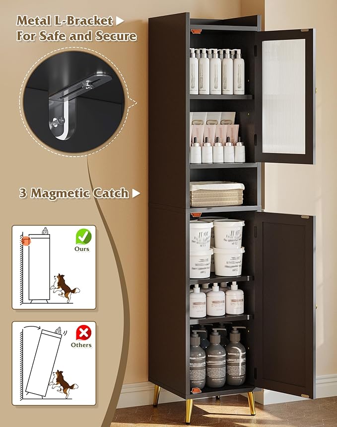 69'' Tall Bathroom Storage Cabinet with 2 Adjustable Shelves, Black 6 Tier Narrow Bathroom Cabinet with 2 Doors, Slim Linen Cabinets for Brathroom,Home Office,Wood