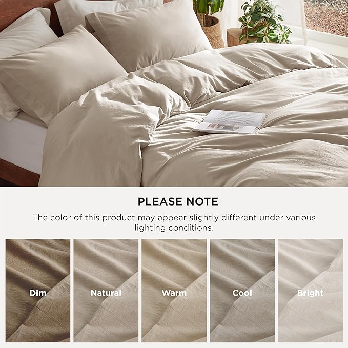 Bedsure 100% Washed Cotton Duvet Cover King Size - Greige Minimalist Cotton Duvet Cover Linen Like for All Seasons - GentleSoft™ Plain Simple Bedding, 3 Pieces (Greige, King, 104"x90")