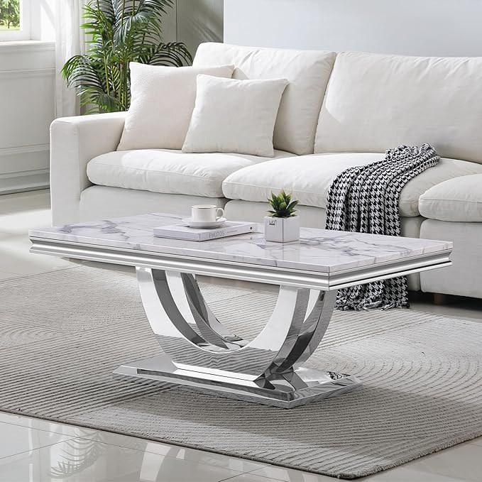 SSLine Rectangular Faux Marble Coffee Table for Living Room Modern Luxury White Marble Center Table with Silver Dual U-Shape Base 46.8" Mid-Century Cocktail Table with Mirrored Stainless Steel Frame